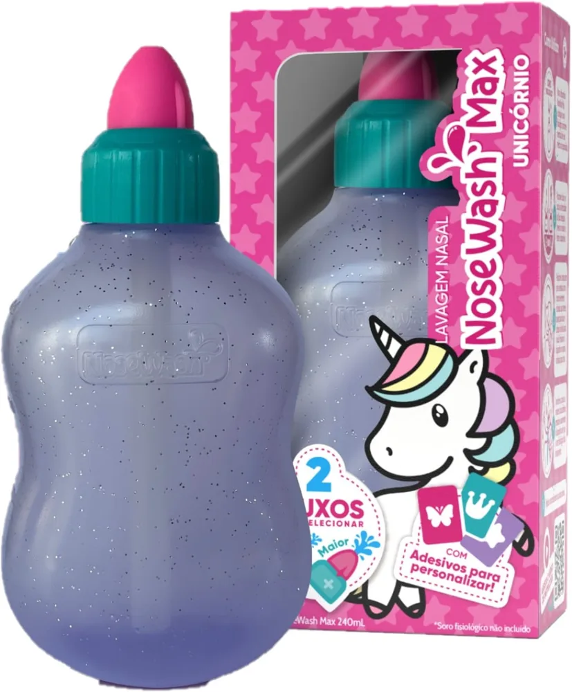 Dispositivo de Lavagem Nasal Nosewash Max Unicórnio 240ml + Adesivos para Personalizar