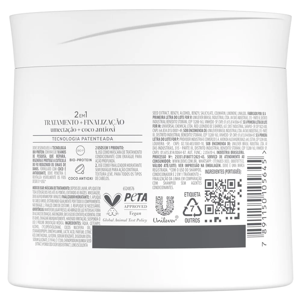 Máscara De Tratamento Capilar Dove Umectação + Coco Antioxi 320g