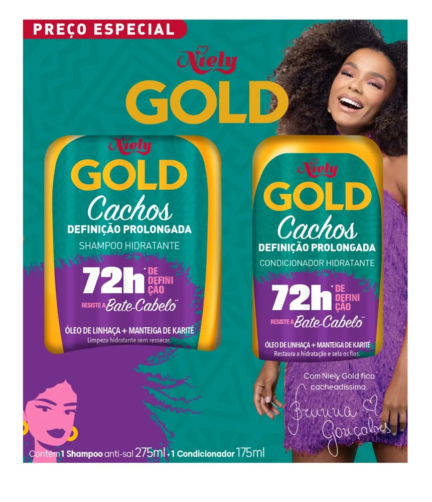 Kit Shampoo Niely Gold Cachos Definição Prolongada 72h 275ml 1 Uni + Condicionador Definição Prolongada 72h 175ml 1 Uni
