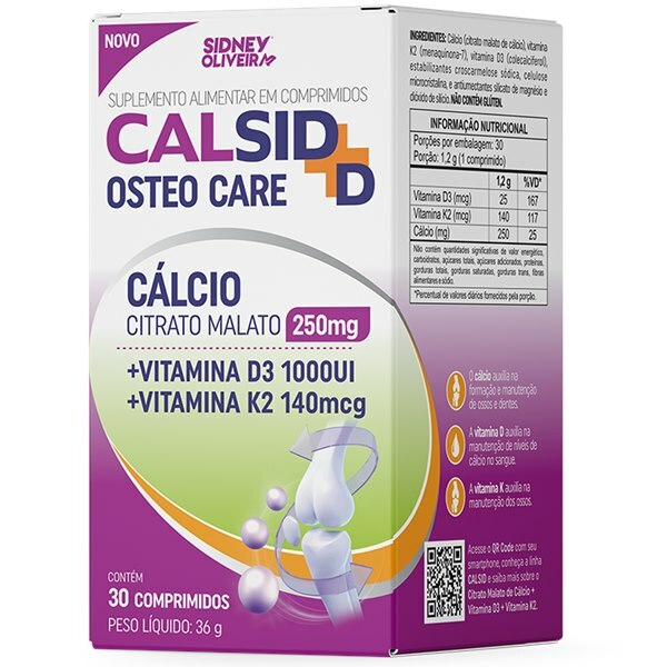 Calsid-D Malato Cálcio 250mg + D3 1000UI + K2 140mcg — 30 Comprimidos