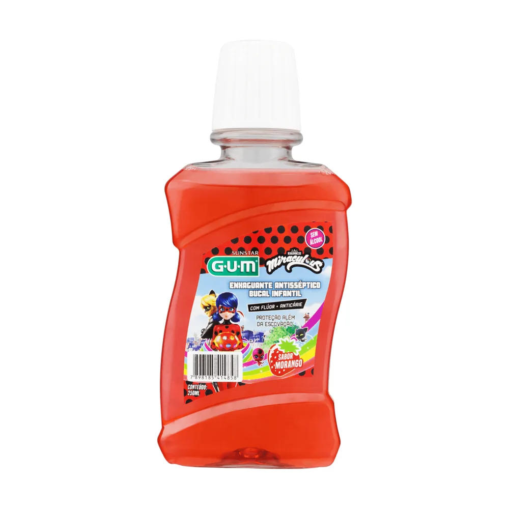 Enxaguante Bucal Infantil GUM Miraculous com Flúor Zero Álcool Anticáries +6 anos Sabor Morango 250ml