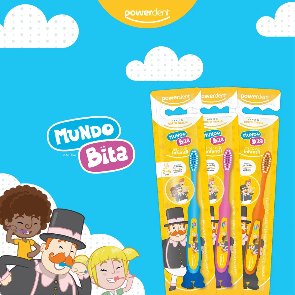 Escova Dental Infantil Powerdent Mundo Bita Extra Macia 2 a 5 anos 1 Unidade + protetor de cerdas