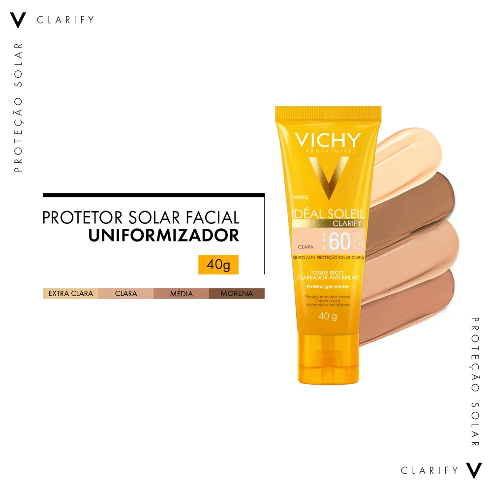 Protetor Solar Facial Vichy Ideal Soleil Clarify FPS60 Cor Extra Clara 40g