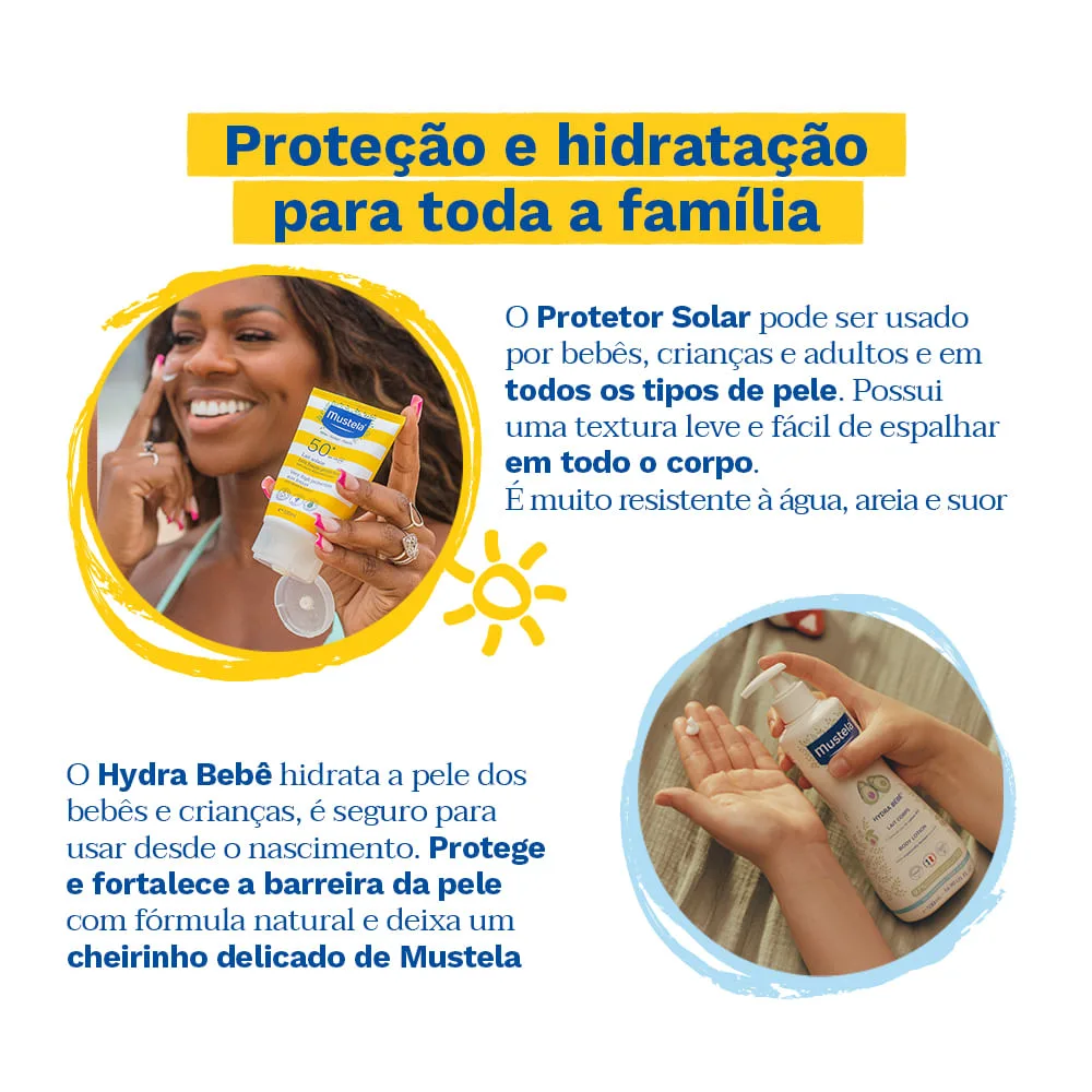 Kit Mustela Protetor Solar FPS50+ Infantil e Adulto 100ml + Hydra Bebê hidratante infantil com Abacate Orgânico 500ml