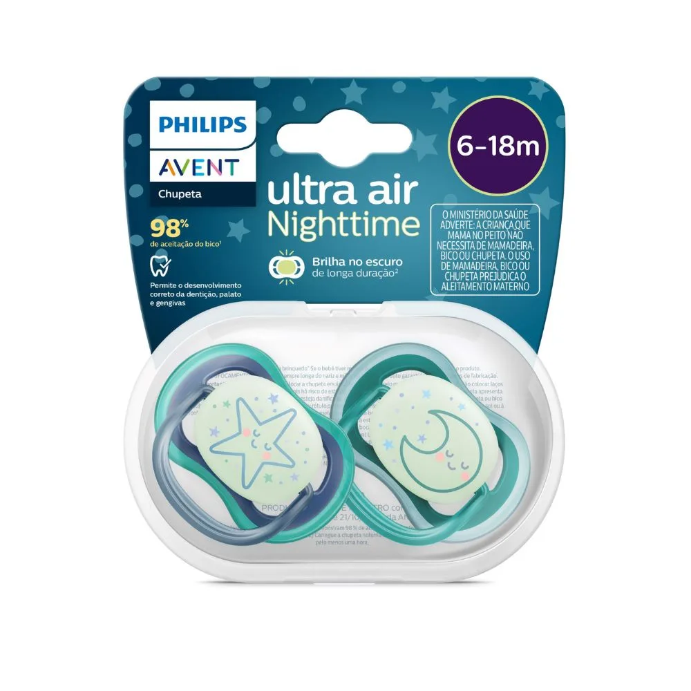 Chupeta Philips Avent Ultra Air Nigthtime +6 meses Azul e Verde 2 Unidades