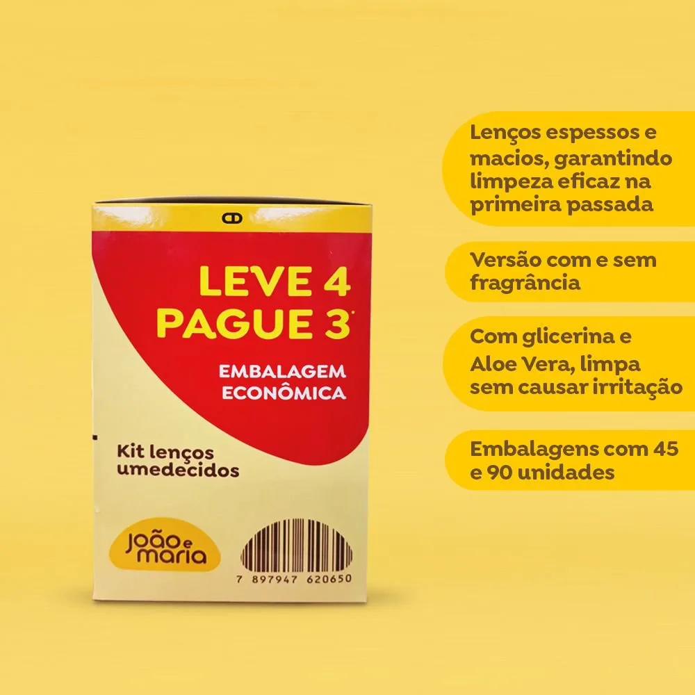 Kit Lenço Umedecido João E Maria Com Fragrância Bebê Pacote 4 Und 45 Unidades Cada Leve 4 Pague 3