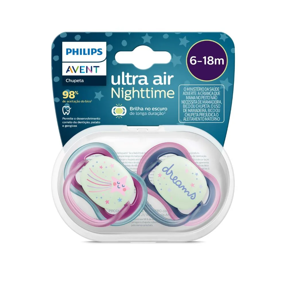 Chupeta Philips Avent Ultra Air Nigthtime +6 meses Azul e Rosa 2 Unidades