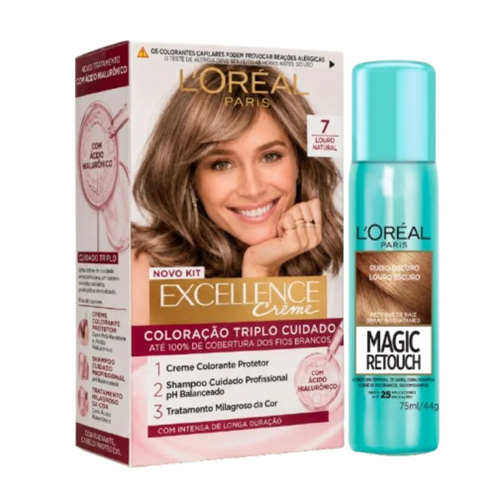 Kit L'Oréal Tintura Imédia excellence Louro Natural 7 + Tintura Magic Retouch Louro Escuro Spray 75ml