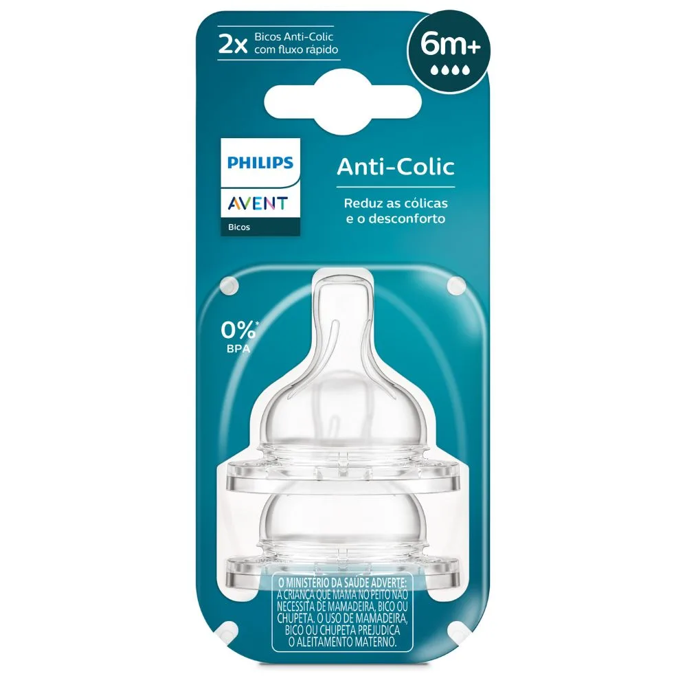 Bico para Mamadeira Philips Avent Classic +6 meses Anti Cólica Fluxo Rápido Silicone Tamanho 4 2 Unidades