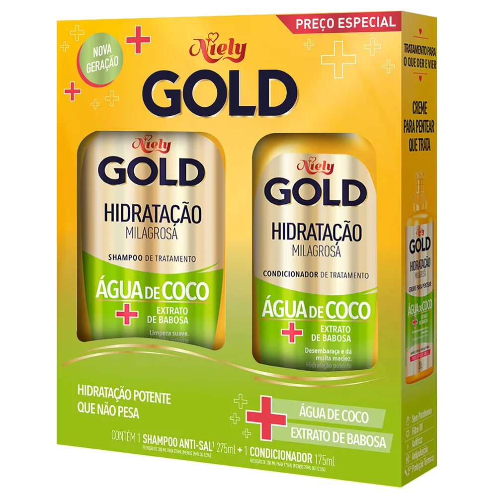 Kit Shampoo Niely Gold Hidratação Milagrosa 275ml 1 Unidade + Condicionador Niely Gold Hidratação Milagrosa 175ml 1 Unidade