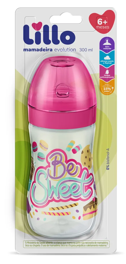 Mamadeira Lillo Super Evolution Bico Redondo Antivazamento Sem BPA +6 meses Rosa 300ml 1 Unidade