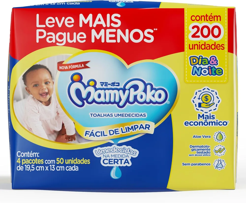 Toalhas Umedecidas MamyPoko Dia & Noite 200 Unidades Leve mais por Menos