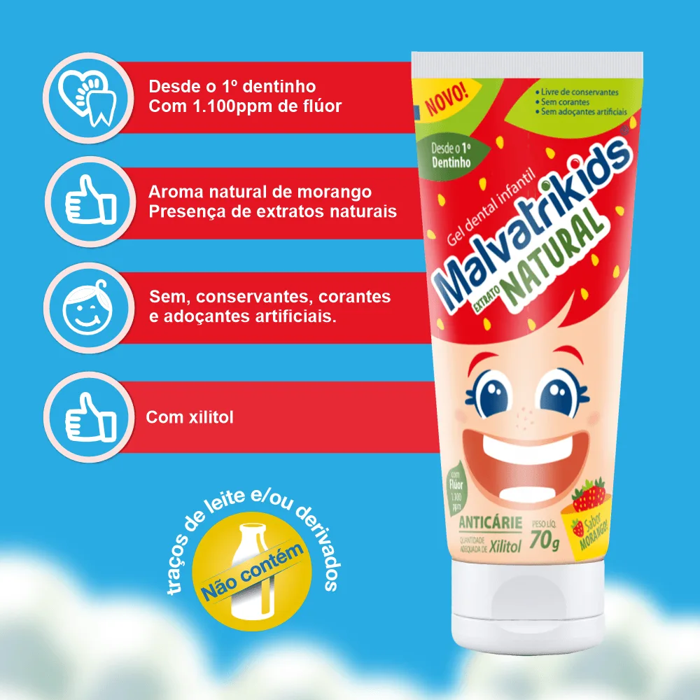 Gel Dental Infantil Malvatrikids Extrato Natural Anticáries Flúor Xilitol Sabor Morango 70g