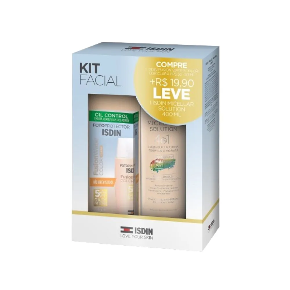 Kit Protetor Solar Facial ISDIN Fusion Water FPS50 Clara 50ml 1 Unidade + Solução Micelar ISDIN 4 em 1 400ml 1 Unidade