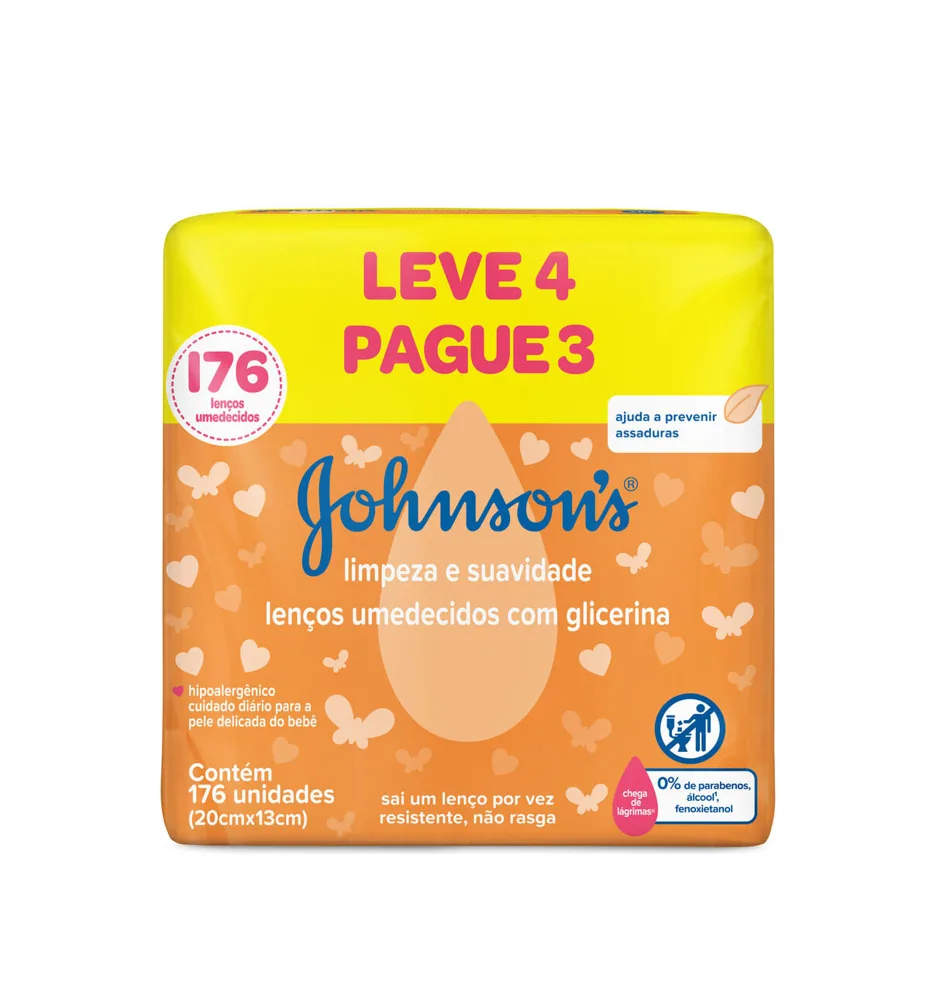 Pack Lenço Umedecido Johnsons Leve 4 Pague 3 Unidades Pacote 176 Folhas