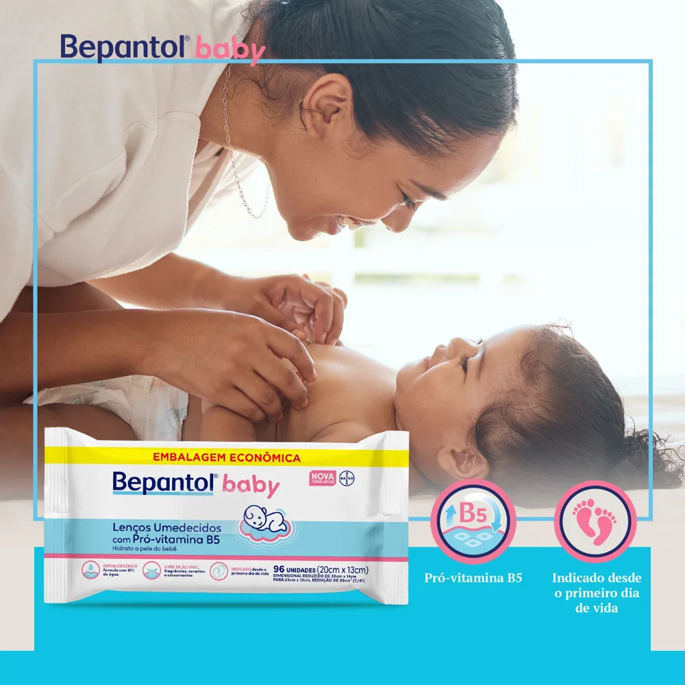 Lenços Umedecidos Bepantol Baby Sem Fragrância Hipoalergênico com Pró-Vitamina B5 Recém-Nascido 96 Unidades Leve Mais por Menos