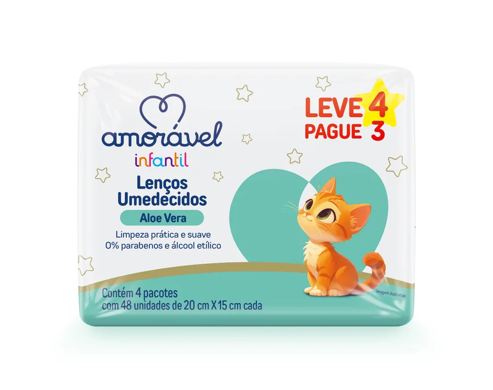 Lenços Umedecidos Amorável Aloe E Vera Com 192 Unidades Leve 4 Pague 3