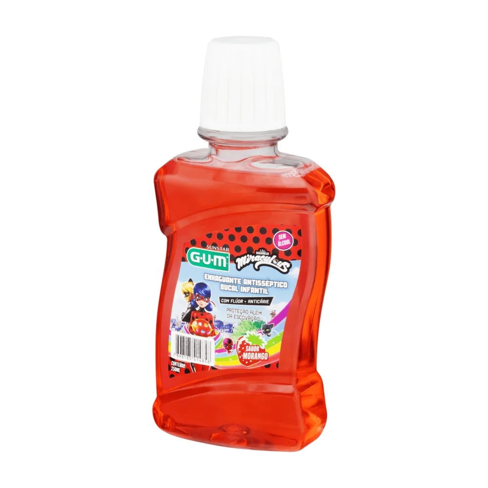 Enxaguante Bucal Infantil GUM Miraculous com Flúor Zero Álcool Anticáries +6 anos Sabor Morango 250ml