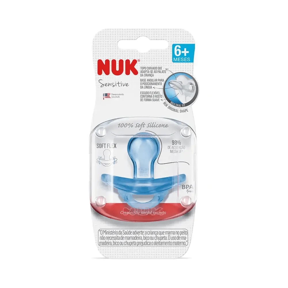 Chupeta NUK Sensitive Soft Original Shape +6 meses 100% Silicone Azul Tamanho 2 1 Unidade