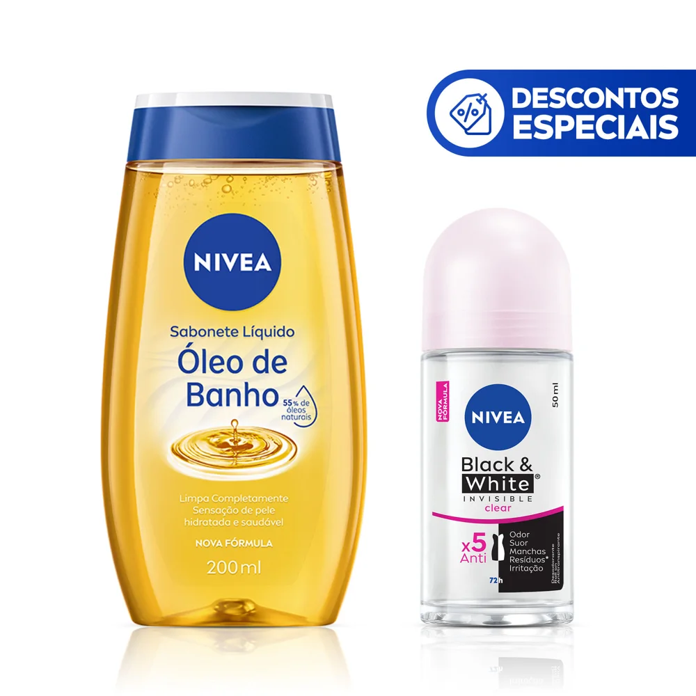 Kit Nivea Sabonete Líquido Óleo de Banho 200ml + Desodorante Antitranspirante Black & White Invisible Clear 72h Roll-On 50ml