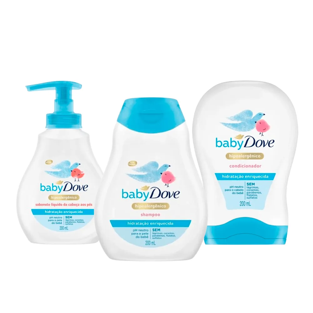 Kit Infantil Dove Hidratação Sabonete Líquido 200ml + Shampoo 200ml + Condicionador 200ml