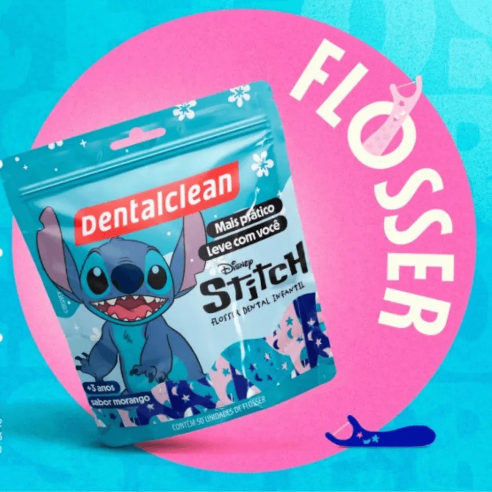 Fio Dental Stitch Infantil Com Cabo Morango 50 Unidades Dental Clean