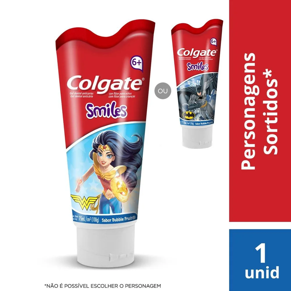 Creme Dental Infantil Colgate Smiles Batman & Mulher-Maravilha Anticáries Com Flúor +6 anos Sabor Bubble Fruit 100g