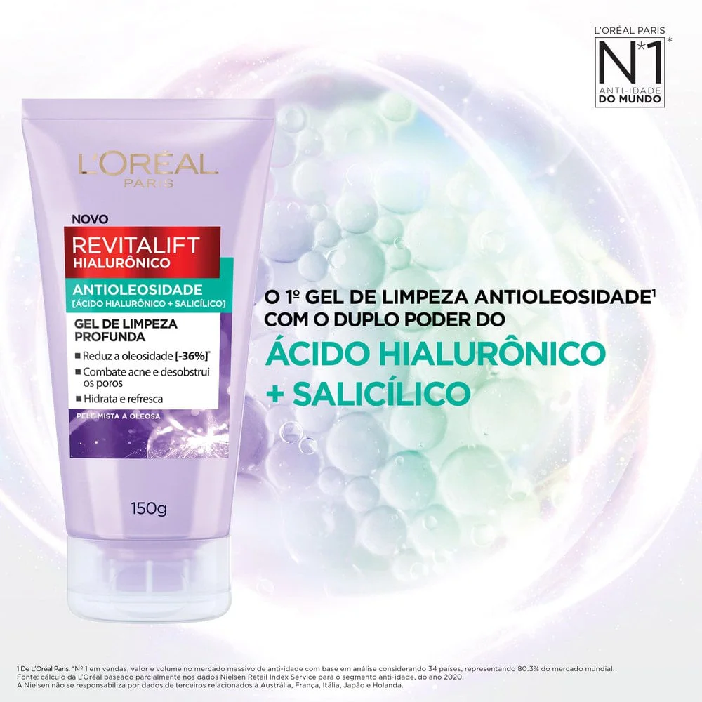Gel de Limpeza Facial L'Oréal Paris Revitalift Hialurônico Antioleosidade com Ácido Salicílico 150g