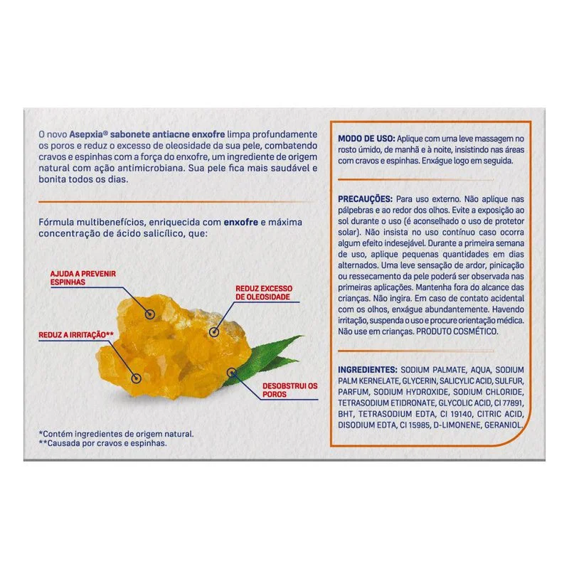Sabonete Em Barra Asepxia Enxofre Ação Antioleosidade 80g
