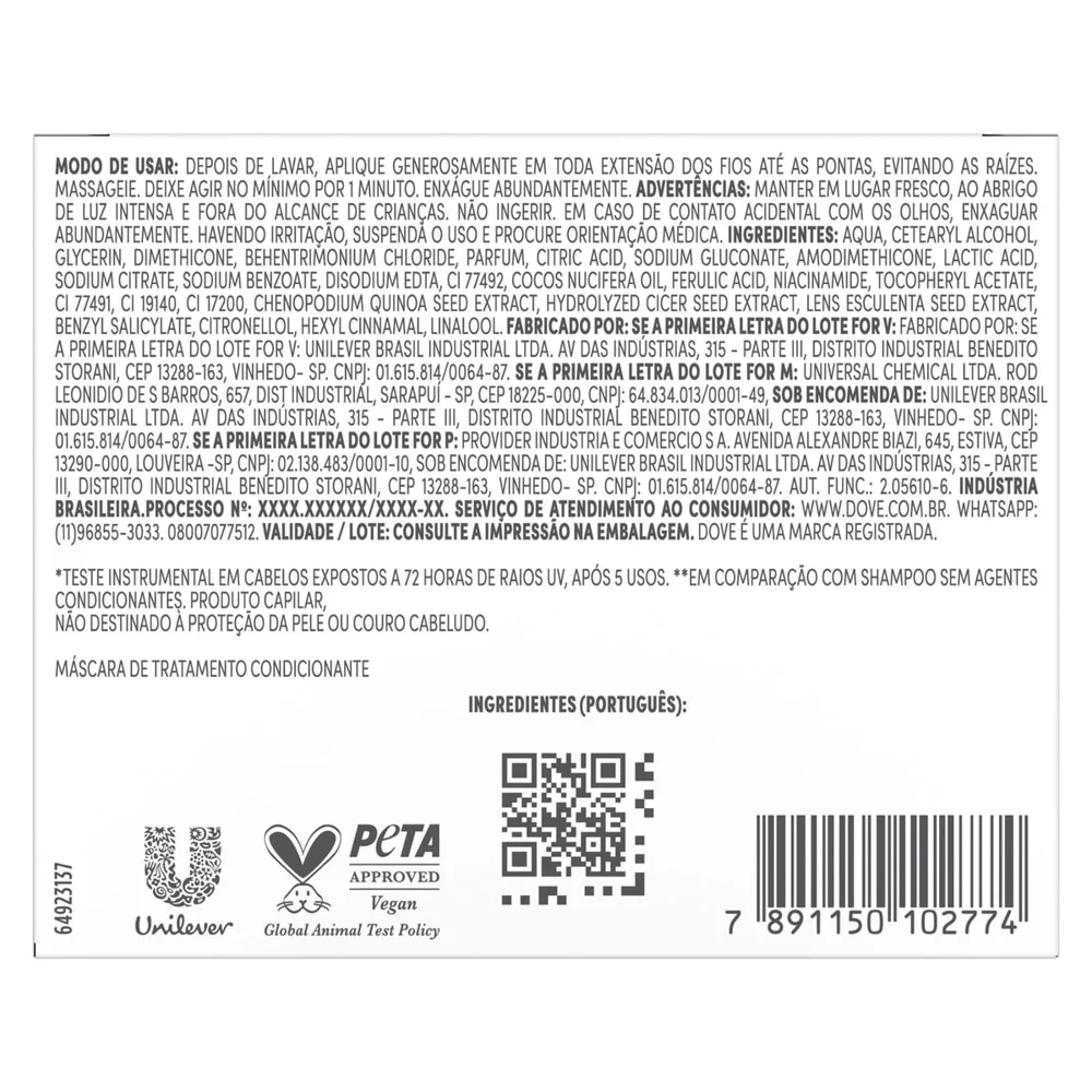 Máscara De Resgate Intenso Dove 10 Em 1 10% Sérum Ferúlico Uv Repair Glow + Ferúlico 250g