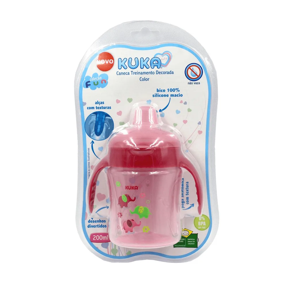 Caneca de Aprendizado Kuka Baby Antivazamento com Alça Bico Macio com Capuz Sem BPA Rosa Fun 200ml 1 Unidade