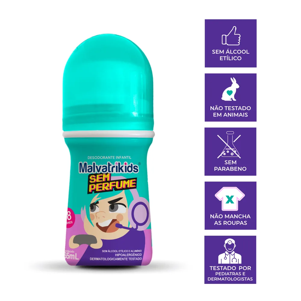 Desodorante Infantil Malvatrikids +8 anos Sem Perfume Roll On 65ml