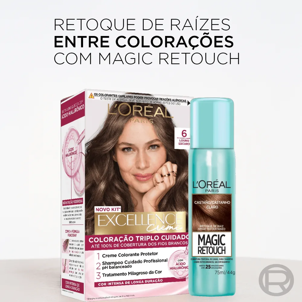 Kit L'Oréal Tintura Imédia excellence Louro Escuro 6 + Tuntura Magic Retouch Castanho Claro Spray 75ml