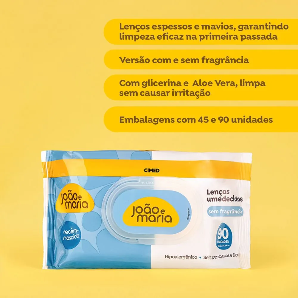 Lenços Umedecidos João e Maria Bebê Recém-Nascido Sem Fragrância Hipoalergênico 90 Unidades