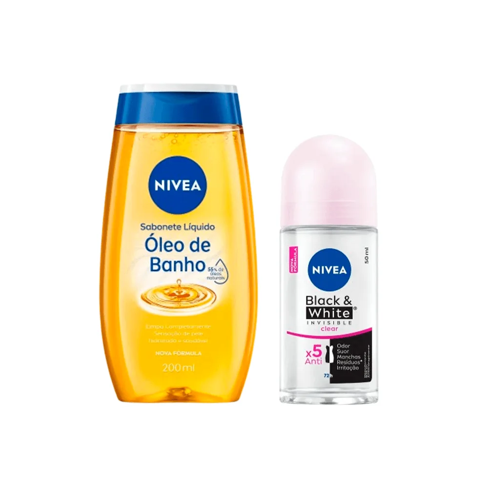 Kit Nivea Sabonete Líquido Óleo de Banho 200ml + Desodorante Antitranspirante Black & White Invisible Clear 72h Roll-On 50ml
