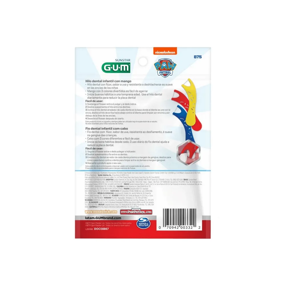 Fio Dental Infantil GUM Flosser Patrulha Canina com Flúor Sabor Uva 40 Unidades