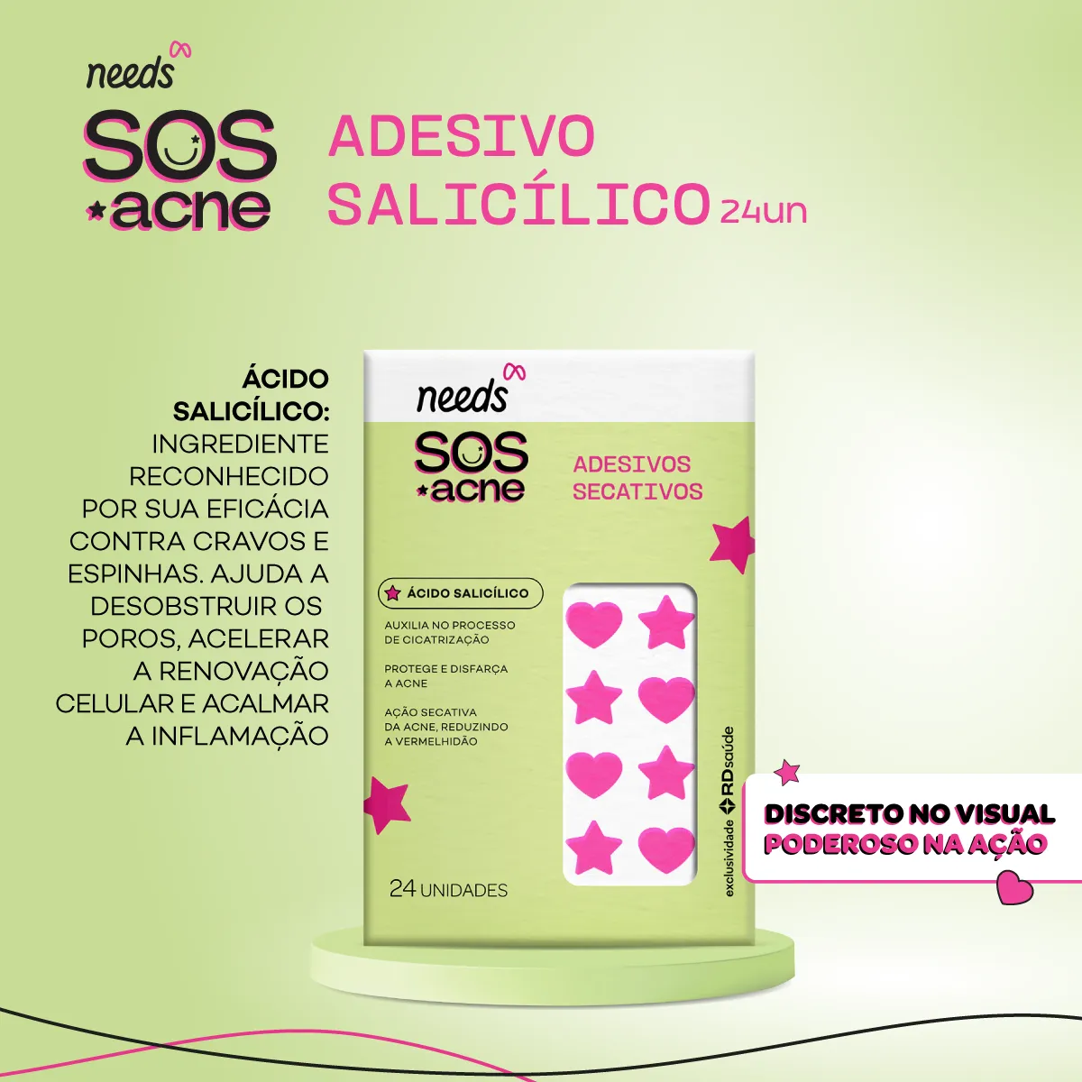 Adesivo Secativo para Acne Needs SOS Acne Ácido Salicílico 24 Unidades