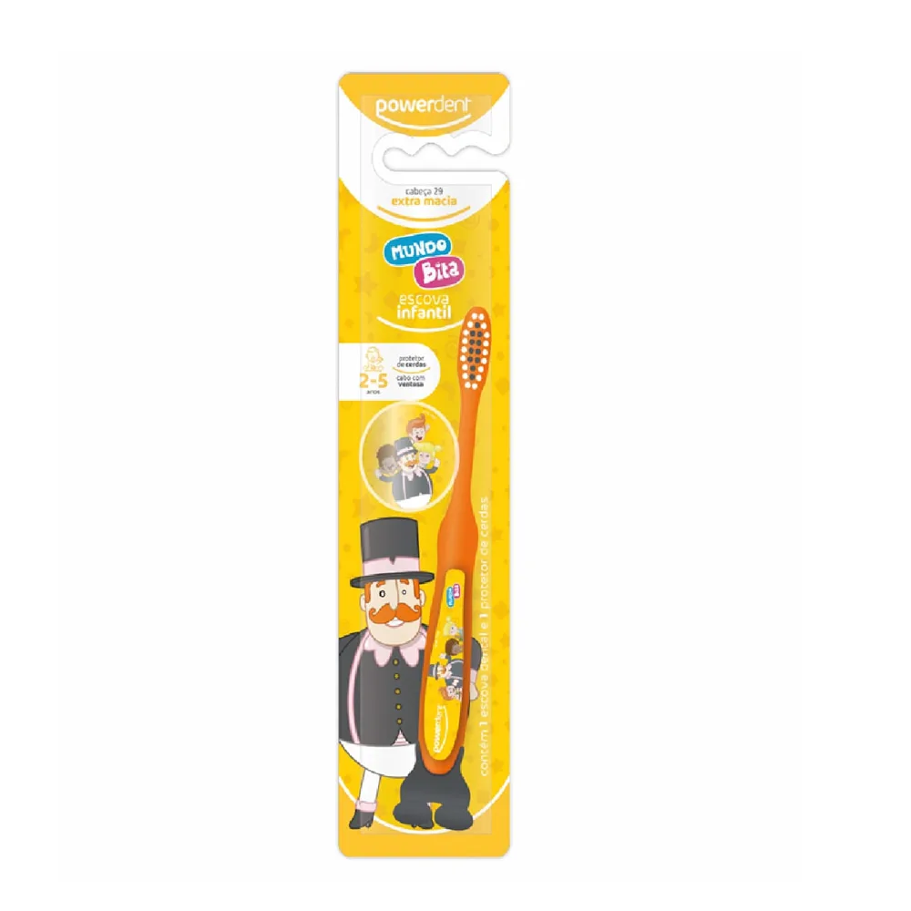 Escova Dental Infantil Powerdent Mundo Bita Extra Macia 2 a 5 anos 1 Unidade + protetor de cerdas