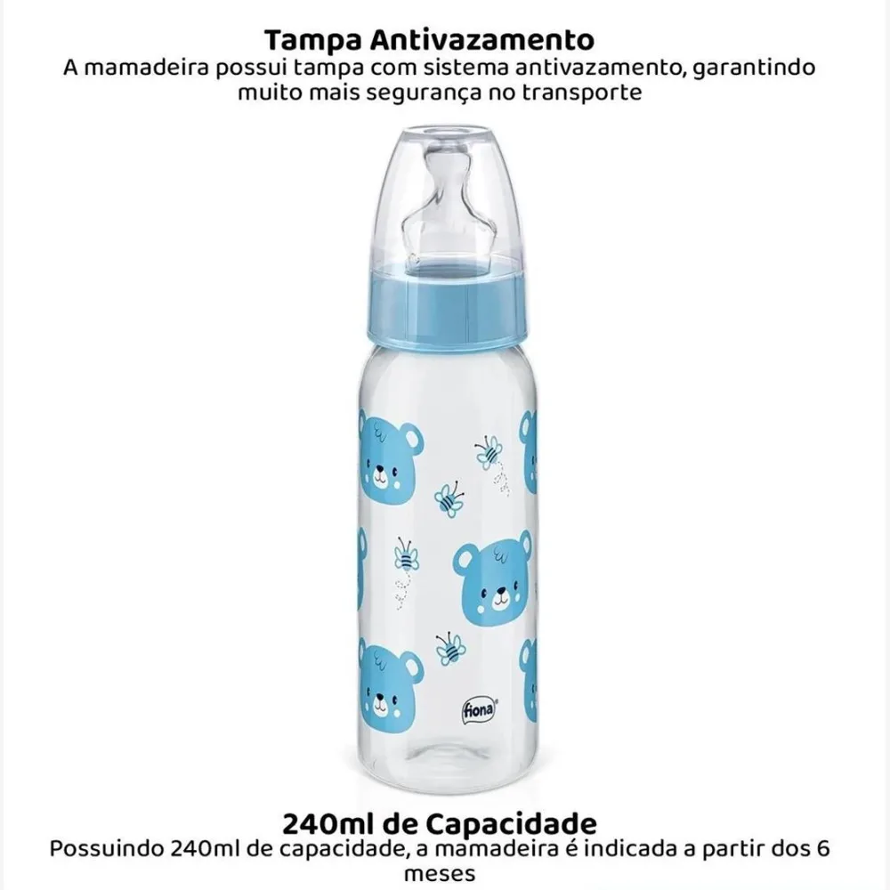 Mamadeira Fiona Desenhos Anatômica +6 meses Sem BPA Azul Tamanho 2 240ml 1 Unidade