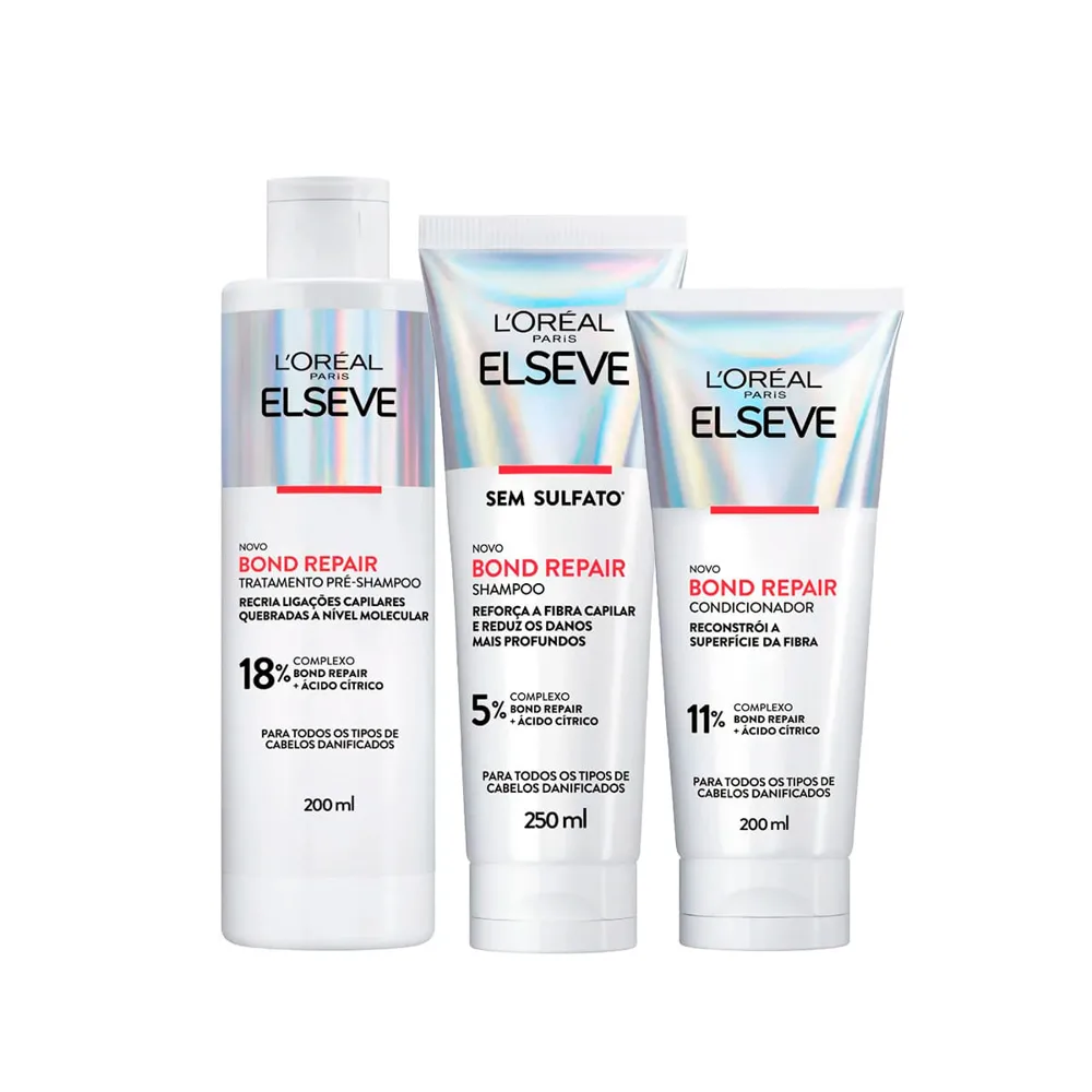 Kit Elseve Bond Repair Pré-Shampoo 200ml + Shampoo 250ml + Condicionador 200ml