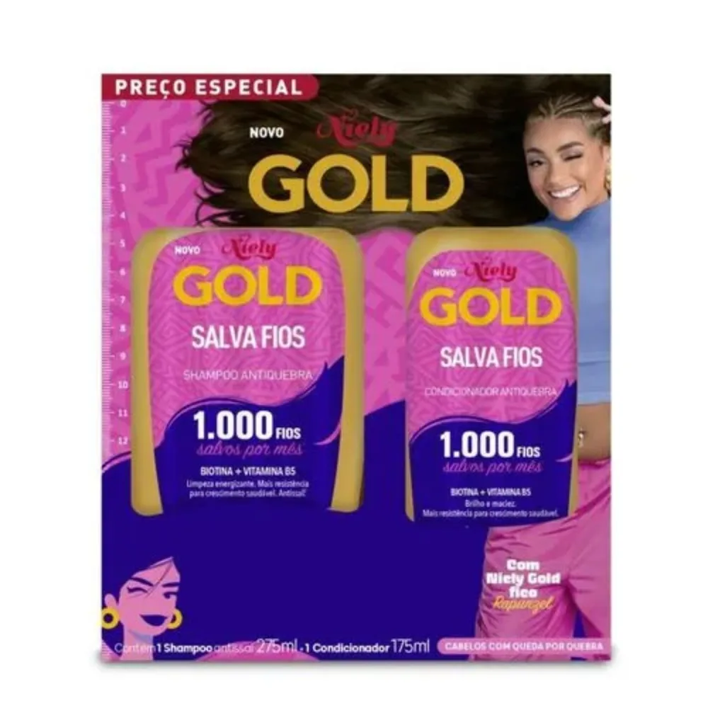 Kit Shampoo Niely Gold Salva Fios Antiquebra 275ml 1 Unidade + Condicionador Niely Gold Salva Fios Antiquebra 175ml 1 Unidade