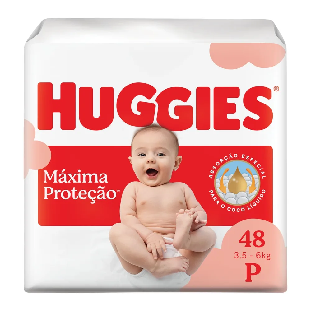 Fralda Descartável Huggies Máxima Proteção Tamanho P 48 unidades – com absorção especial para cocô líquido e indicador de troca.