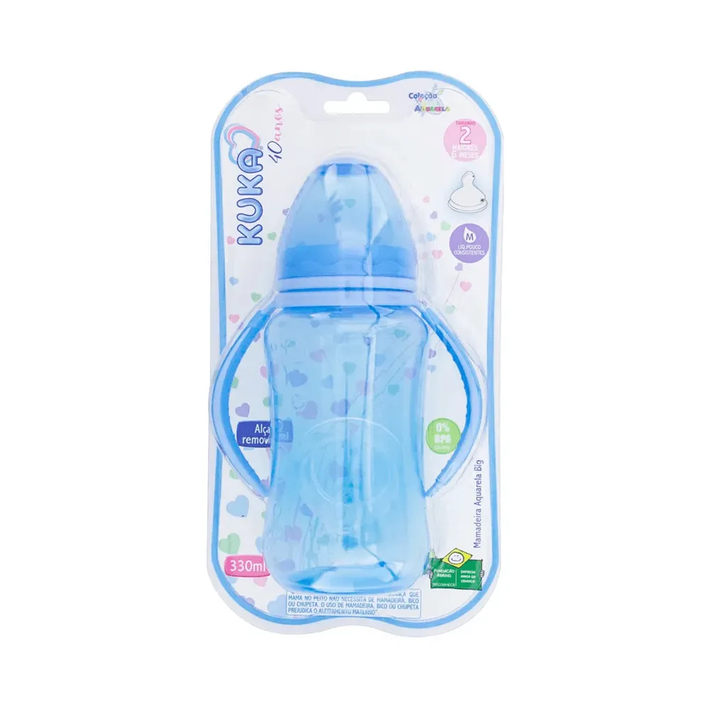 Mamadeira Kuka Aquarela Big Ortodôntica com Alça +6 meses Azul 330ml 1 Unidade