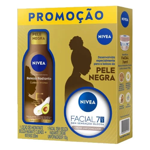 Kit Loção Hidratante Nivea Beleza Radiante Pele Negra 200ml 1 Unidade + Creme Facial Nivea Uniformizador 100g 1 Unidade