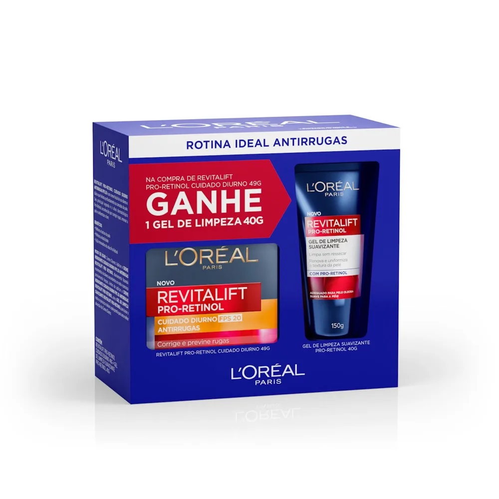Kit Creme Antirrugas Cuidado Diurno Fps 20 Loréal Paris Revitalift Pro-Retinol 49g Grátis Gel De Limpeza Suavizante 40g