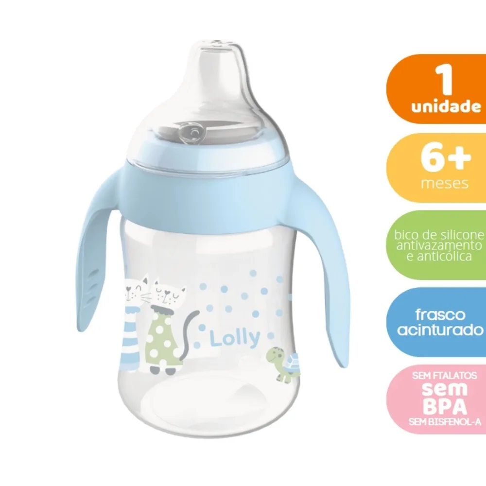 Copo de Transição Lolly Kinddy Zoo +18 meses Antivazamento com Alça Azul 250ml 1 Unidade