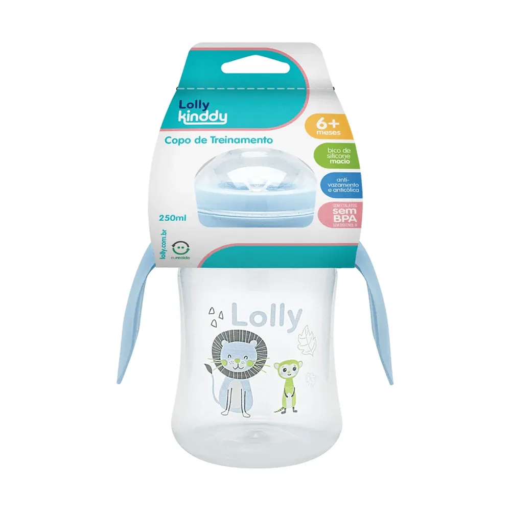 Copo de Transição Lolly Kinddy Zoo +18 meses Antivazamento com Alça Azul 250ml 1 Unidade