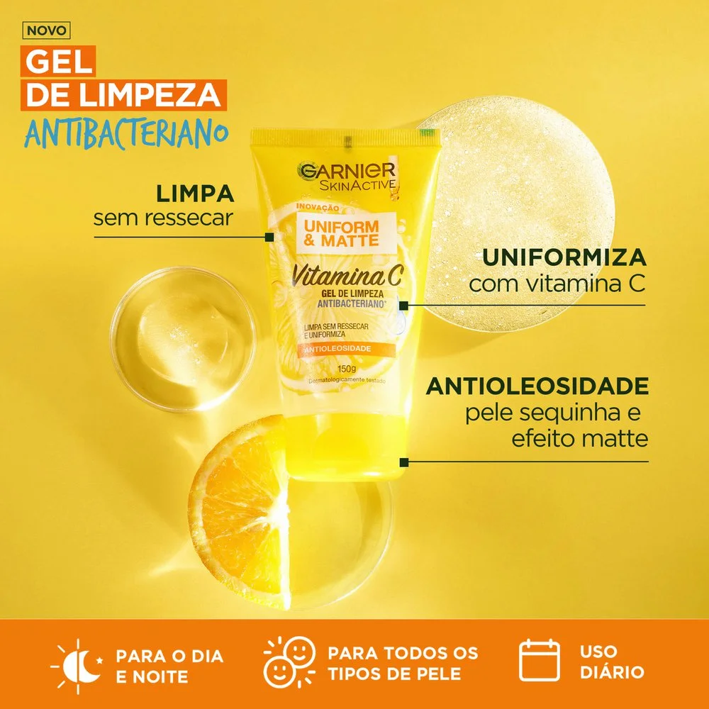 Gel de Limpeza Facial Garnier Uniform & Matte Antibacteriano com Vitamina C 150ml