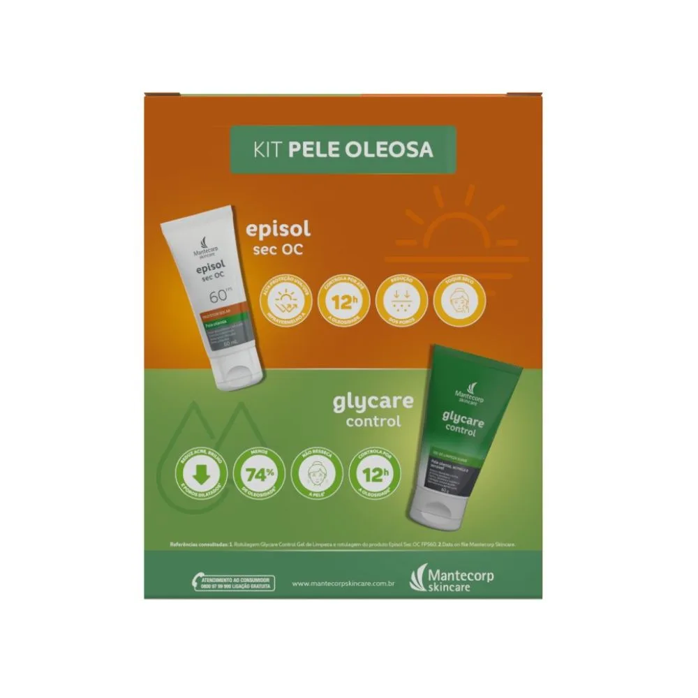 Kit Protetor Solar Facial Episol Sec OC Antioleosidade FPS60 60ml 1 Unidade + Gel de Limpeza Glycare Control 60g 1 Unidade