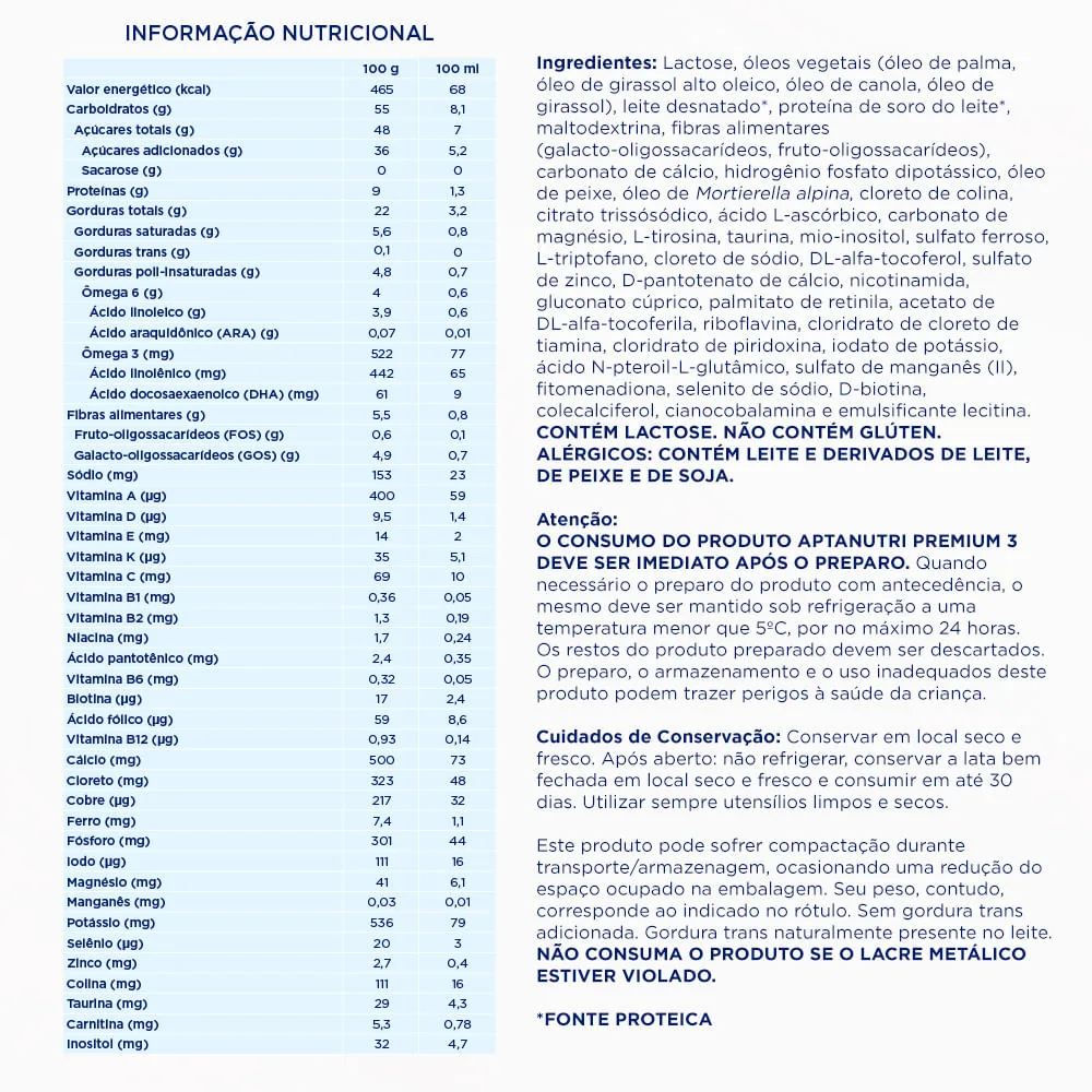 Kit Aptanutri Fórmula Infantil Premium 3 1 a 3 anos 800g 2 Unidades